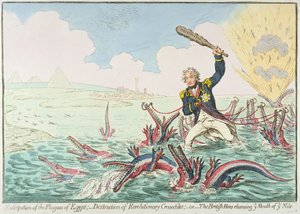Udryddelse af Egyptens plager: - Ødelæggelse af revolutionære krokodiller, 1798 (håndfarvet radering)